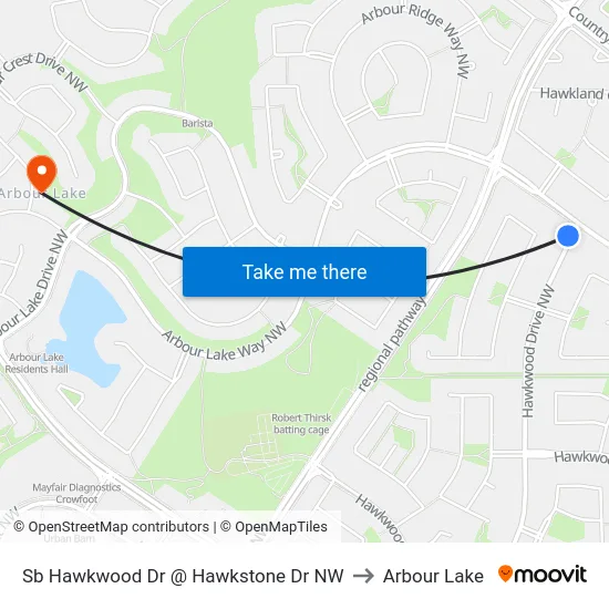 Sb Hawkwood Dr @ Hawkstone Dr NW to Arbour Lake map