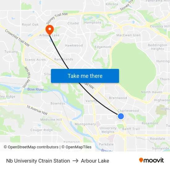 Nb University Ctrain Station to Arbour Lake map