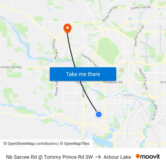 Nb Sarcee Rd @ Tommy Prince Rd SW to Arbour Lake map