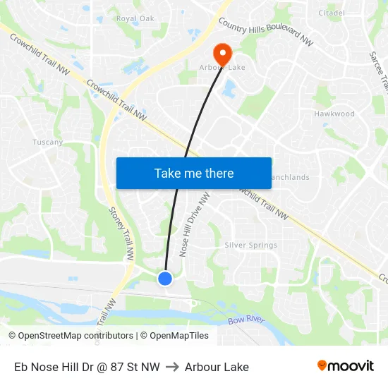 Eb Nose Hill Dr @ 87 St NW to Arbour Lake map