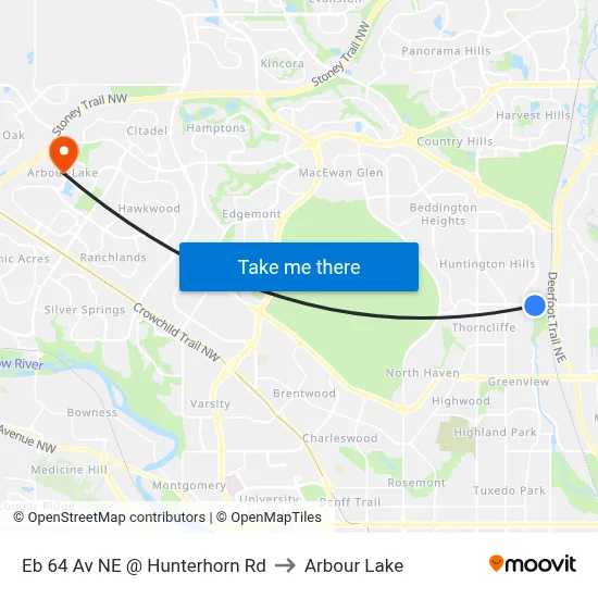 Eb 64 Av NE @ Hunterhorn Rd to Arbour Lake map