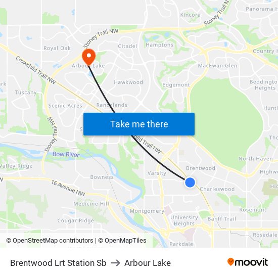 Brentwood Lrt Station Sb to Arbour Lake map