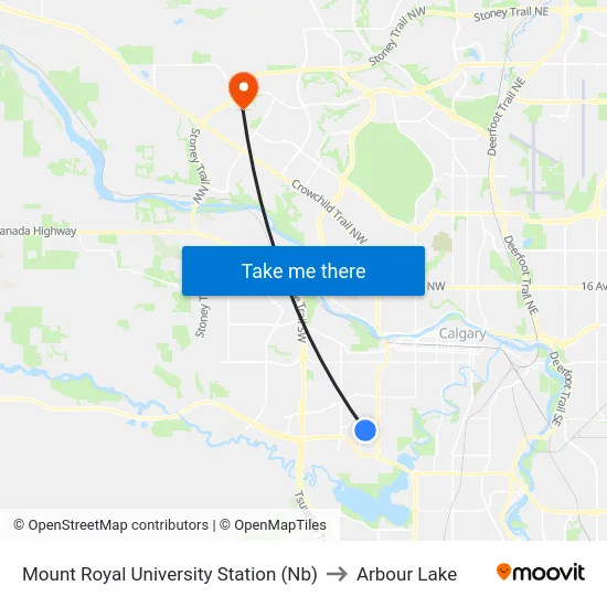 Mount Royal University Station (Nb) to Arbour Lake map