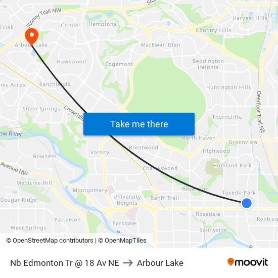 Nb Edmonton Tr @ 18 Av NE to Arbour Lake map