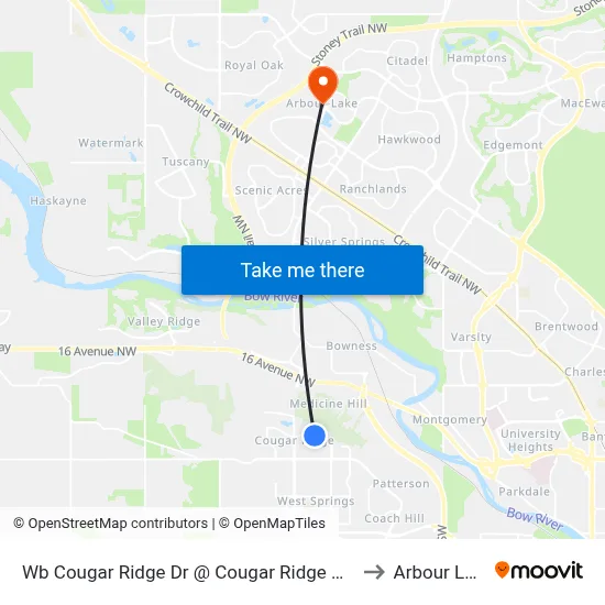 Wb Cougar Ridge Dr @ Cougar Ridge Cr SW to Arbour Lake map