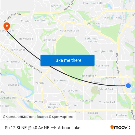 Sb 12 St NE @ 40 Av NE to Arbour Lake map
