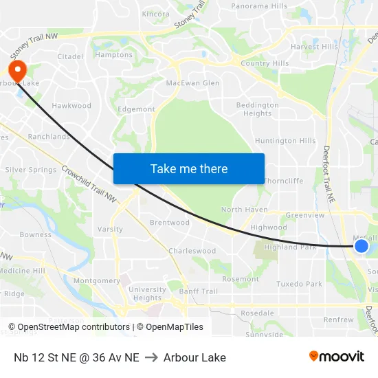 Nb 12 St NE @ 36 Av NE to Arbour Lake map
