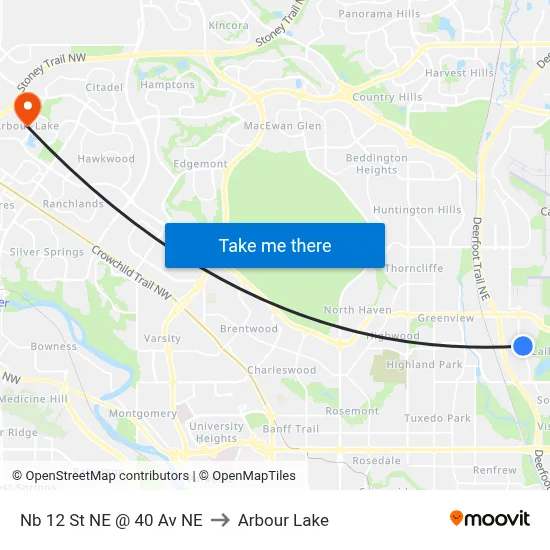 Nb 12 St NE @ 40 Av NE to Arbour Lake map