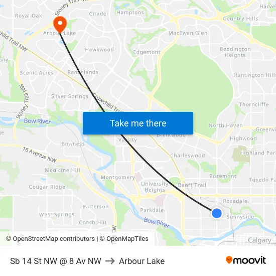 Sb 14 St NW @ 8 Av NW to Arbour Lake map