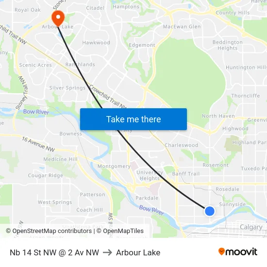 Nb 14 St NW @ 2 Av NW to Arbour Lake map