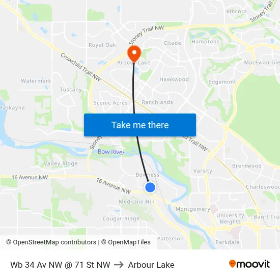 Wb 34 Av NW @ 71 St NW to Arbour Lake map