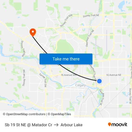 Sb 19 St NE @ Matador Cr to Arbour Lake map