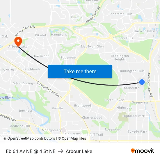 Eb 64 Av NE @ 4 St NE to Arbour Lake map