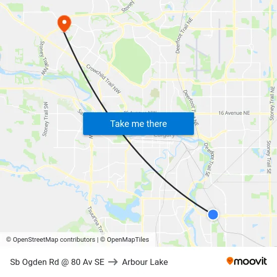 Sb Ogden Rd @ 80 Av SE to Arbour Lake map