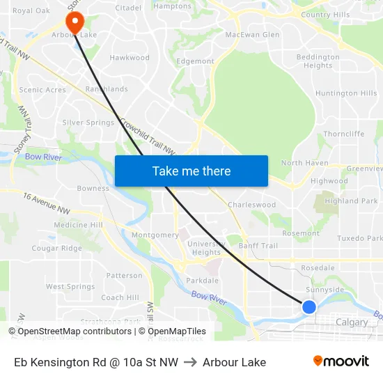 Eb Kensington Rd @ 10a St NW to Arbour Lake map