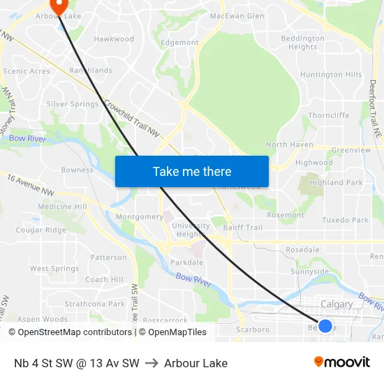 Nb 4 St SW @ 13 Av SW to Arbour Lake map