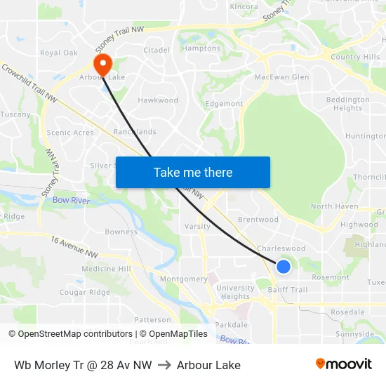 Wb Morley Tr @ 28 Av NW to Arbour Lake map