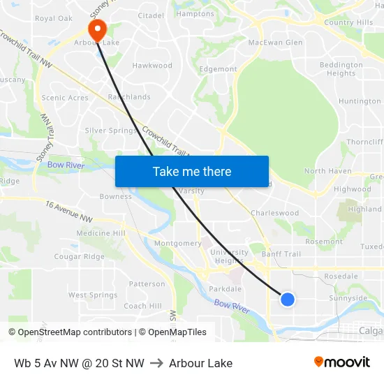 Wb 5 Av NW @ 20 St NW to Arbour Lake map