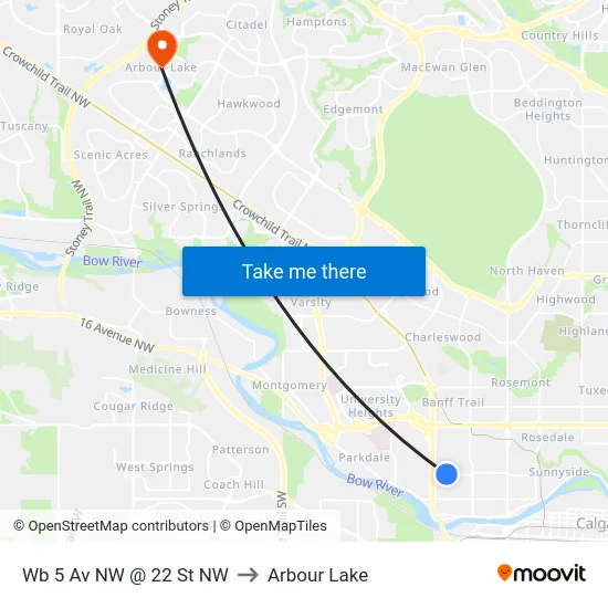 Wb 5 Av NW @ 22 St NW to Arbour Lake map