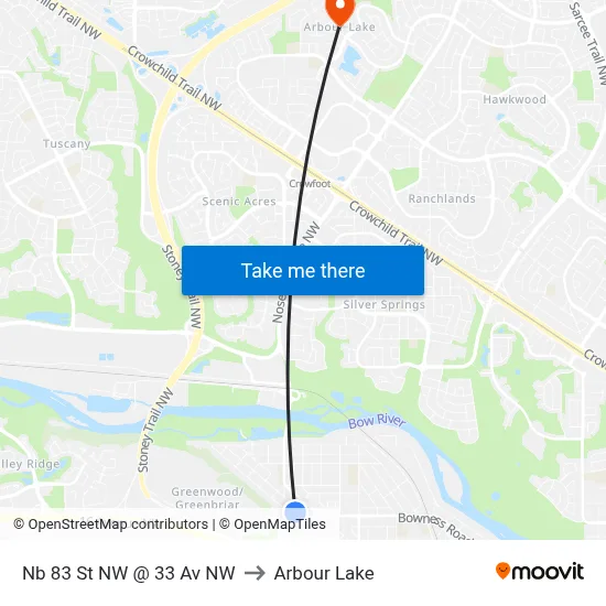 Nb 83 St NW @ 33 Av NW to Arbour Lake map