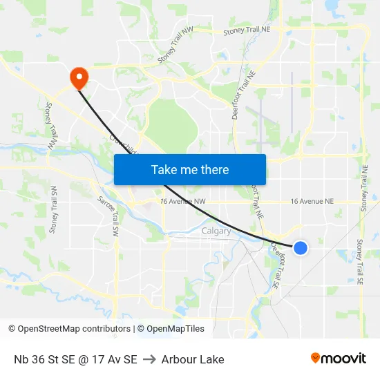 Nb 36 St SE @ 17 Av SE to Arbour Lake map