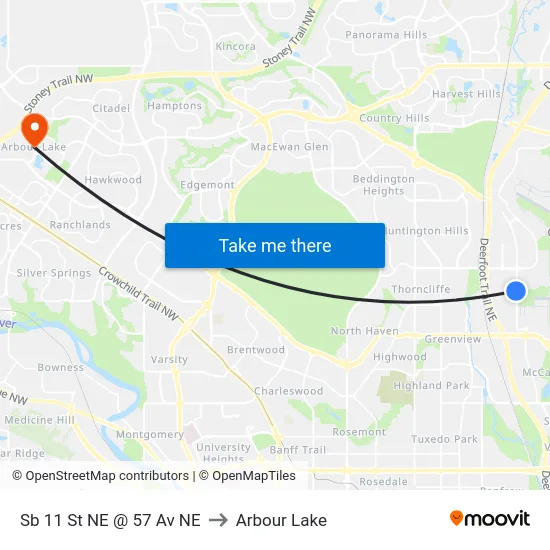 Sb 11 St NE @ 57 Av NE to Arbour Lake map