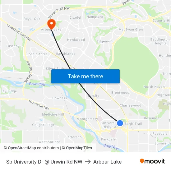 Sb University Dr @ Unwin Rd NW to Arbour Lake map