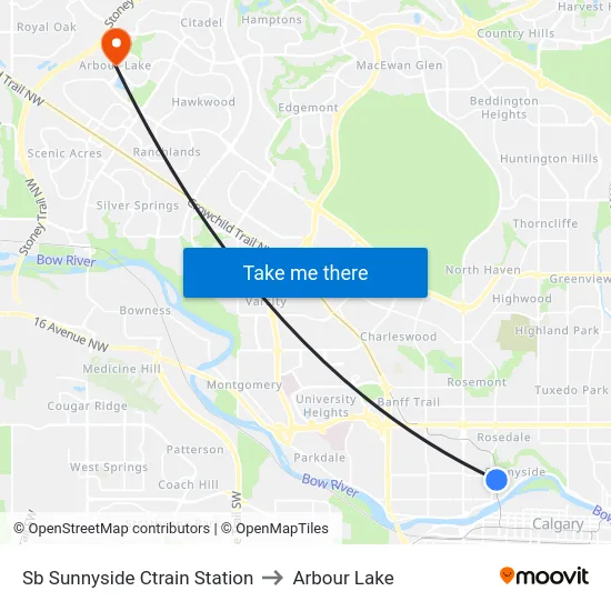 Sb Sunnyside Ctrain Station to Arbour Lake map