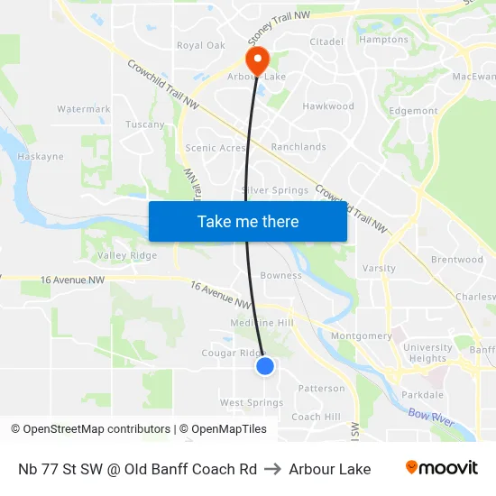 Nb 77 St SW @ Old Banff Coach Rd to Arbour Lake map