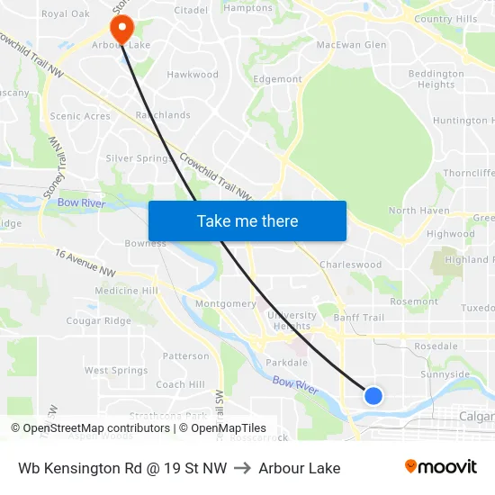 Wb Kensington Rd @ 19 St NW to Arbour Lake map