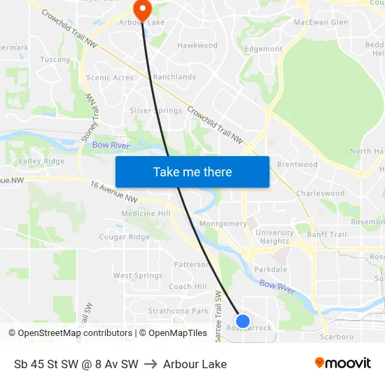 Sb 45 St SW @ 8 Av SW to Arbour Lake map
