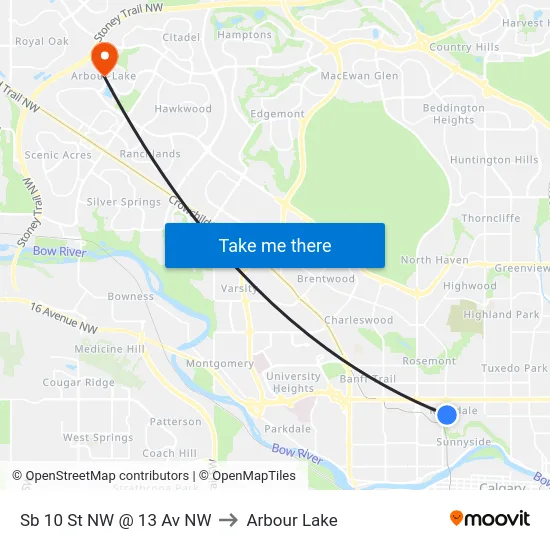 Sb 10 St NW @ 13 Av NW to Arbour Lake map