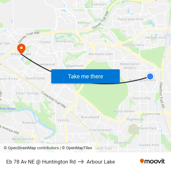 Eb 78 Av NE @ Huntington Rd to Arbour Lake map
