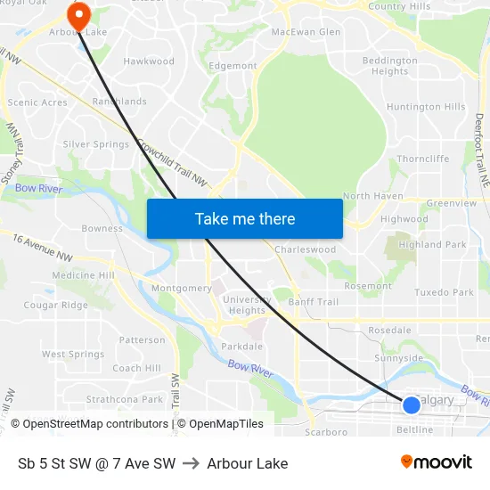 Sb 5 St SW @ 7 Ave SW to Arbour Lake map