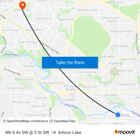 Wb 6 Av SW @ 5 St SW to Arbour Lake map