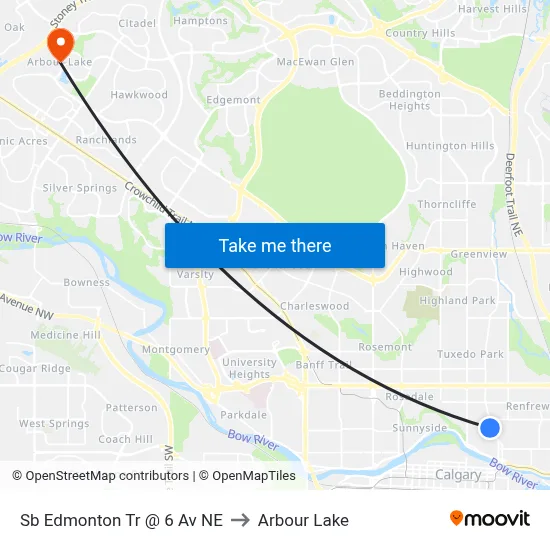 Sb Edmonton Tr @ 6 Av NE to Arbour Lake map
