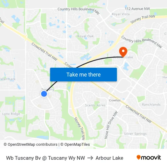 Wb Tuscany Bv @ Tuscany Wy NW to Arbour Lake map