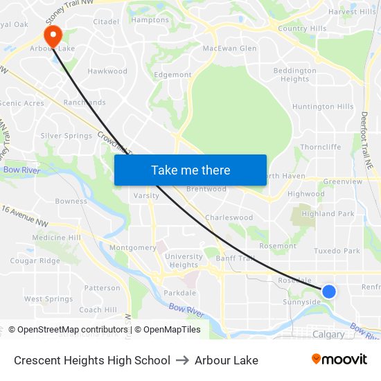 Crescent Heights High School to Arbour Lake map