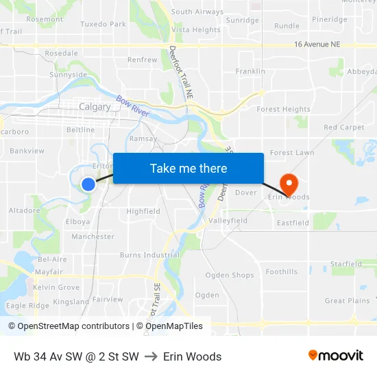 Wb 34 Av SW @ 2 St SW to Erin Woods map