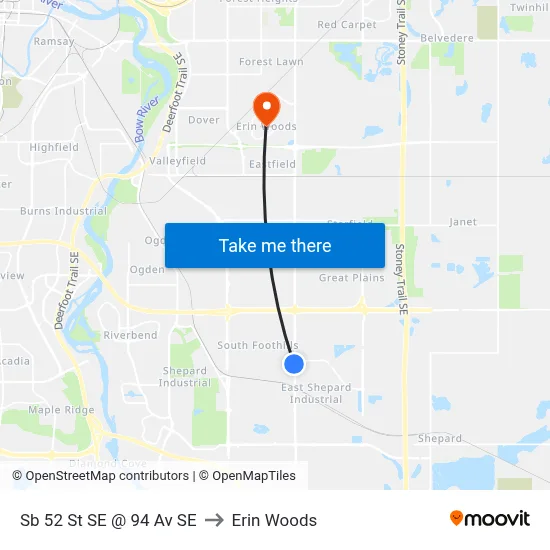 Sb 52 St SE @ 94 Av SE to Erin Woods map