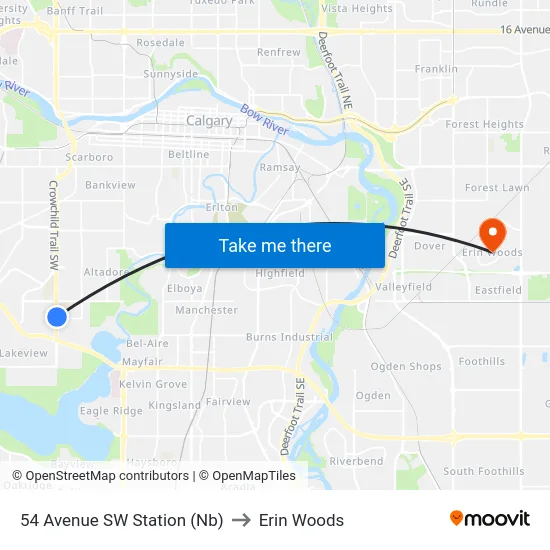 54 Avenue SW Station (Nb) to Erin Woods map