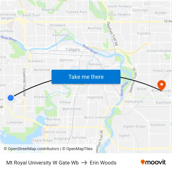 Mt Royal University W Gate Wb to Erin Woods map