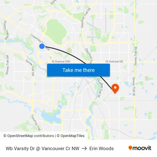 Wb Varsity Dr @ Vancouver Cr NW to Erin Woods map