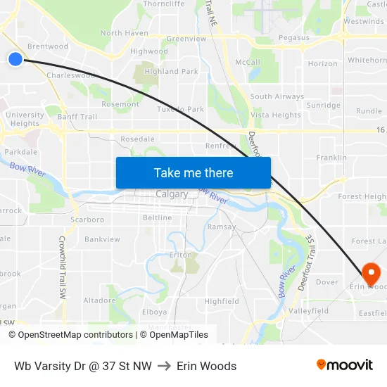 Wb Varsity Dr @ 37 St NW to Erin Woods map