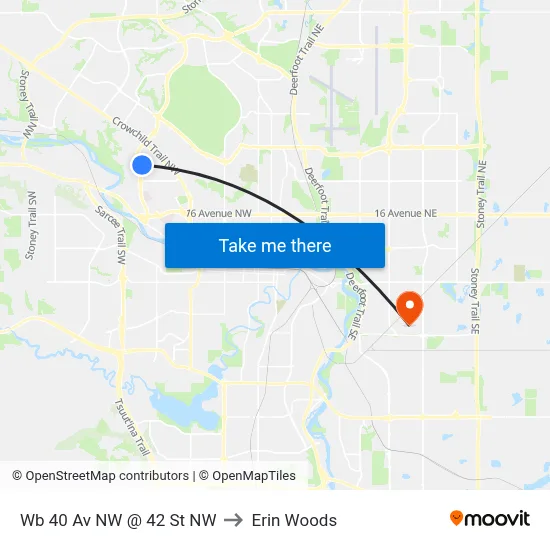 Wb 40 Av NW @ 42 St NW to Erin Woods map