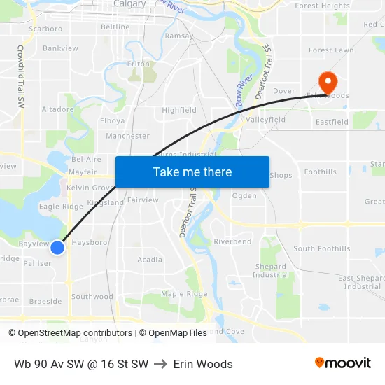 Wb 90 Av SW @ 16 St SW to Erin Woods map