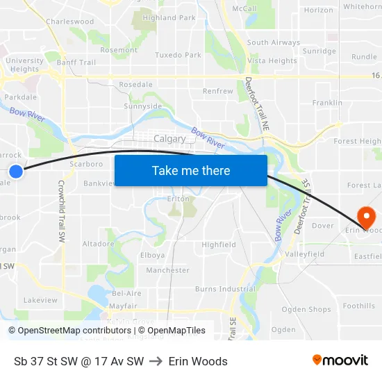 Sb 37 St SW @ 17 Av SW to Erin Woods map