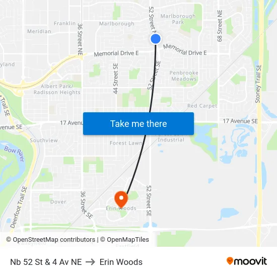Nb 52 St & 4 Av NE to Erin Woods map