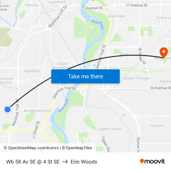 Wb 58 Av SE @ 4 St SE to Erin Woods map