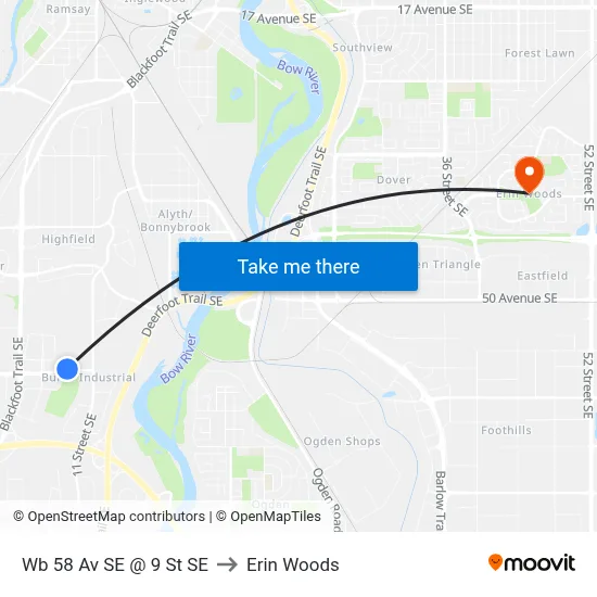 Wb 58 Av SE @ 9 St SE to Erin Woods map